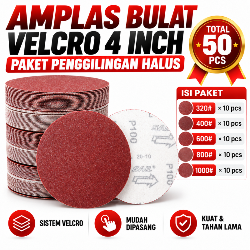 Amplas Bulat Velcro 4 Inch  - Paket Penggilinggan halus -  Total 50pcs