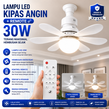 Lampu Led Kipas Angin + Remote 30W - Putih (Adjustable)